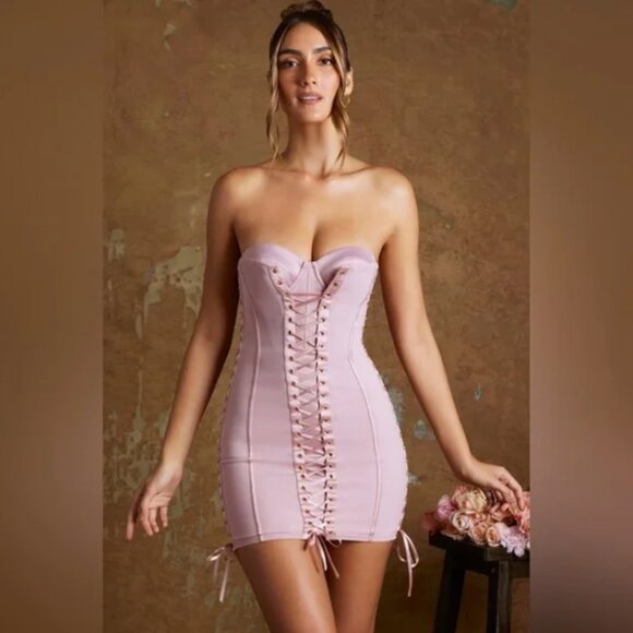 Oh Polly Emira Satin Lace-Up Corset Bandeau Micro Mini Dress 8 Mauve Bodycon - Picture 11 of 14